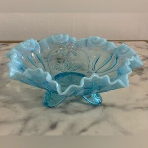 Vintage Jefferson Light Blue Meander Footed Glass Bowl Scalloped Rim 4”x6.5”